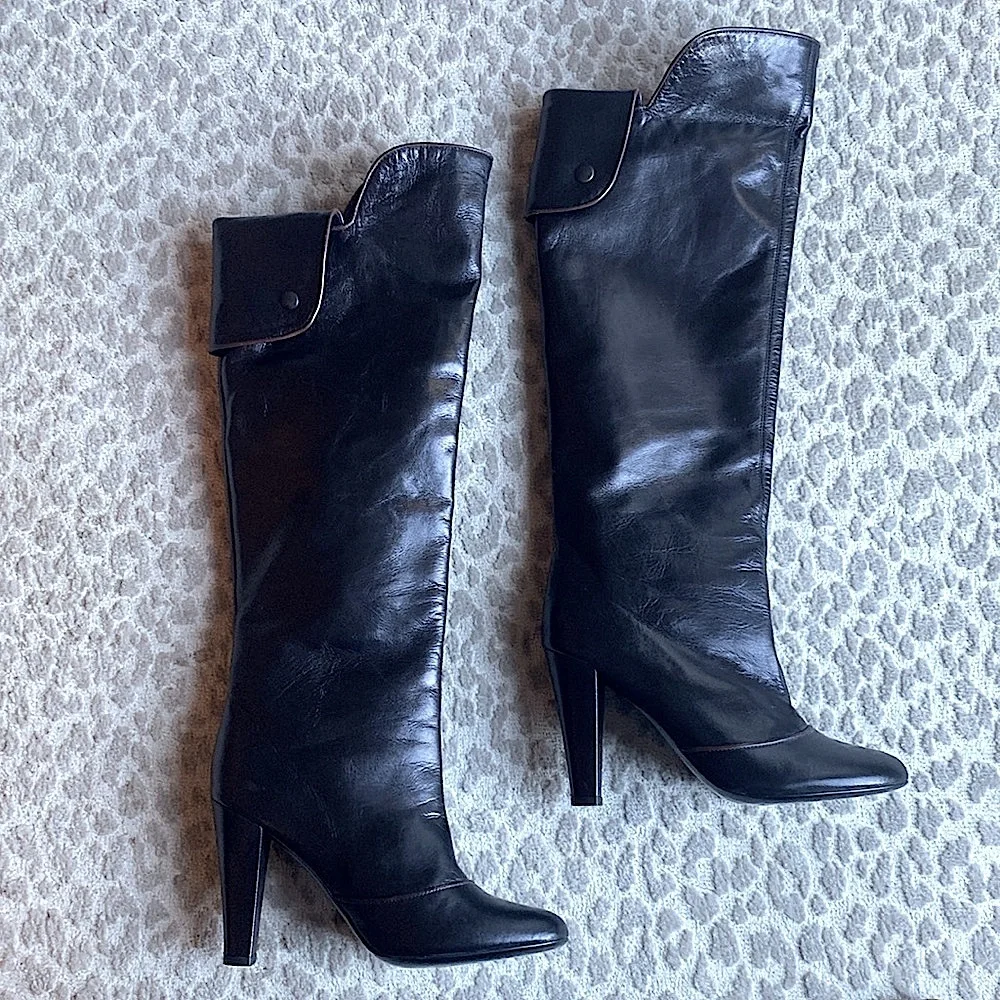 NWOB Claudia Ciuti Italian-Made Over-the-Knee Black Leather Heeled Boots, size 7